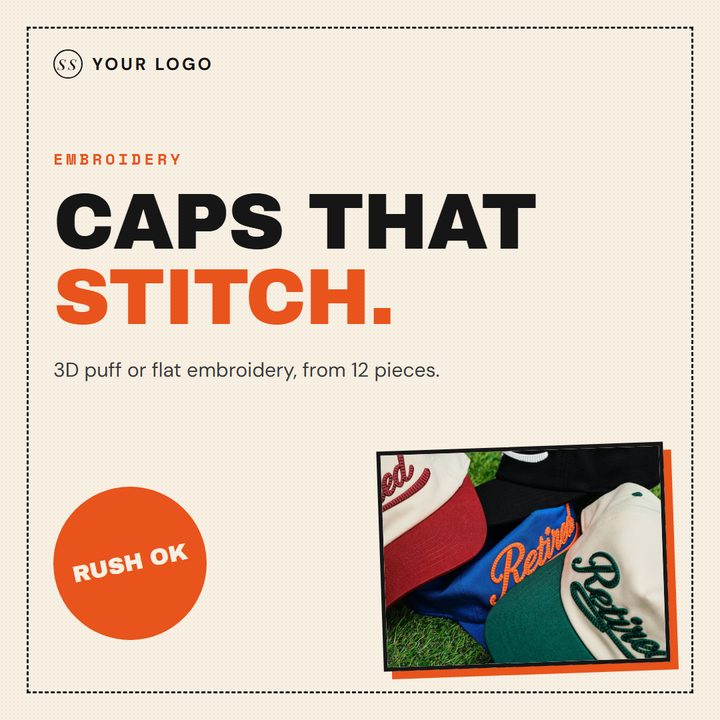 Sample print shop post: Embroidered caps
